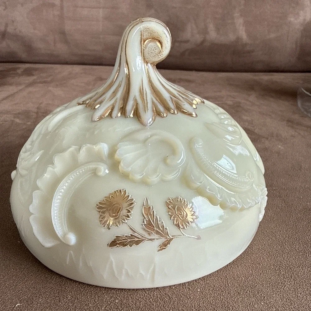 Antique Northwood Louis XV Custard Glass Butter Dish Lid Uranium 1898 Gold Gilt